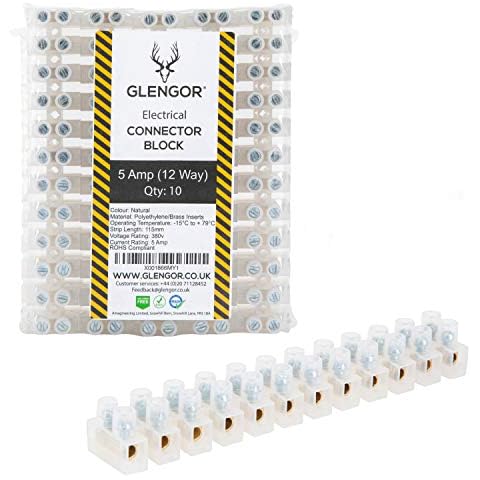 Glengor 5 Amp Terminal Block Connector Strip | Pack of 10 | 12 Way | Electrical Connector Strips, Clear | Brass Terminals Cover
