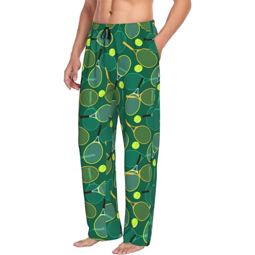 Mens Pajama Pants Bottoms With Pockets- Tennis Rackets And Balls Soft Men Lounge Pants, Comfy Mens Pj Pants