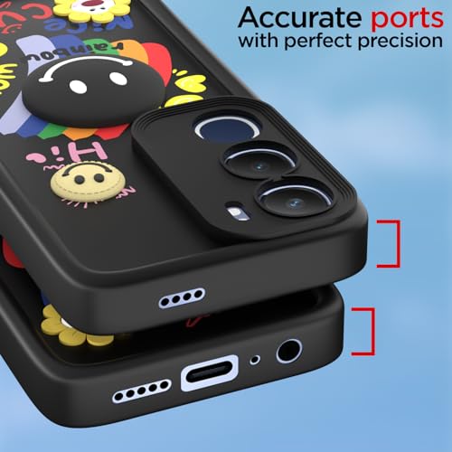 Image of Pikkme Back Cover for Vivo Y29 5G / Vivo Y19s | Soft Silicone| Cute Rainbow Smile & 3D Cartoon Flower Design | Shockproof Raised Camera Protection Bumper Case (Black)