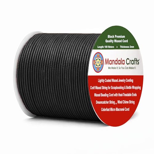 Mandala Crafts 2mm Black Cotton Waxed Cord for Jewelry Making 109 Yards Waxed Cotton String for Decorative Knotting and Accessory Assembly