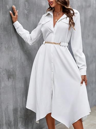 ARTANT Womens Midi Dress Asymmetrical Hem Belted Shirt Dress High Waist Work Dress4