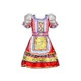 Girls Russian Dance Dress Retro Performance Costume Pleated Puff Short Sleeve Traditional Dancewear, 130cm Red