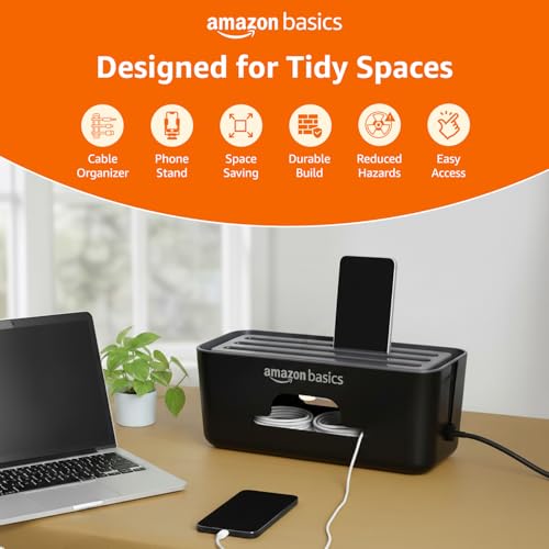 Image of Amazon Basics - Cable Management Box with Mobile Stand - Power Strip, Cords, Wires | Surge Protector Hiding Cover Organizer for Home, Office (Black)