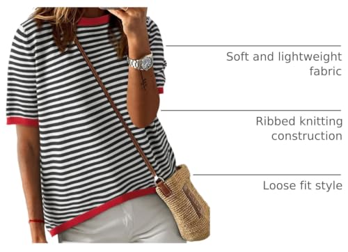 Image of Womens Short Sleeve Striped Color Block Crew Neck Sweater Shirt Lightweight Cotton Casual Summer Pullover Tops
