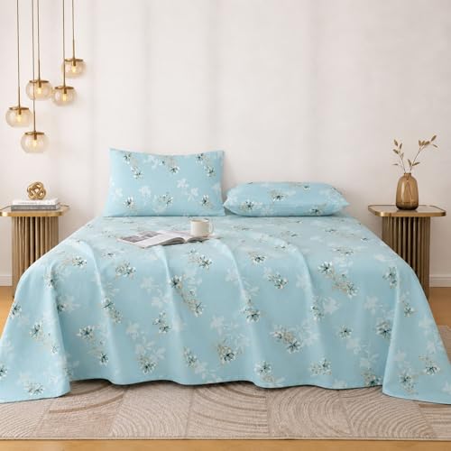 Image of Cotton King Size Bedsheet 104x108 Super King, 100% Pure Cotton Bed Sheet with 2 Pillow Covers, 240 TC Soft Breathable Floral Design Bedding - (Serene Blue, Super King)