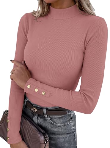 PRETTYGARDEN Women's Ribbed Mock Neck Long Sleeve Tops (Pink,L)
