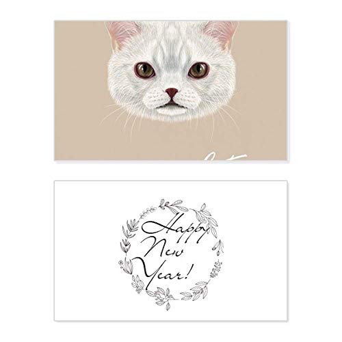 Tarjeta de Año Nuevo de gato blanco con mensaje impreso de bendición