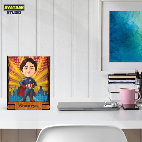 Image of Personalized Gift for Kids, Friends Character Caricature Photo Frame Unique Design Customized Gift for Children, Return Gift Idea (Captain America, Box)