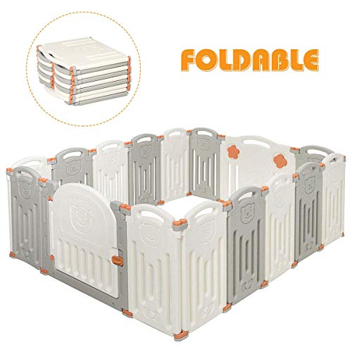 Costzon Baby Playpen, 16-Panel Foldable Kids Safety Activity Center Playard w/Locking Gate, Non-Slip