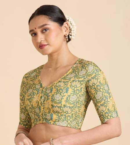Image of Studio Shringaar Women's Yellow Cotton Printed Side Stretch (Smocked) Readymade Saree Blouse
