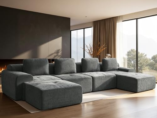 Image of 159 inch U-Shaped Modular Sectional Sofa, Oversized Boneless Cloud Couch for Living Room with Extra Deep Seat & High Back, Tool-Free No Assembly, Soft Chenille (Dark Grey, 159 inch-U Shaped（4+2）)