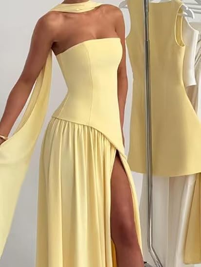 Strapless Bridesmaid Dress with Scarf 2026 Ruffle Chiffon Long Prom Dresses with Slit Evening Gown LA95