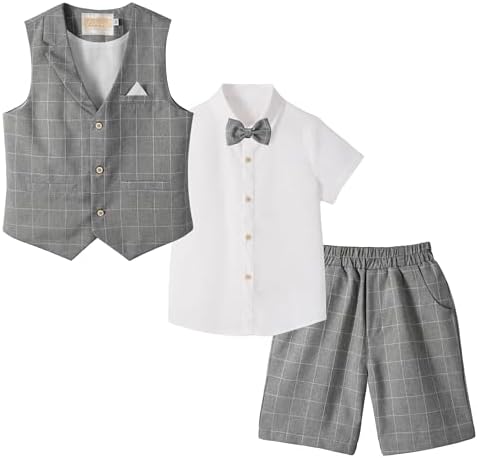 LOLANTA 4-delige set voor peuters, jongens, zomerbruiloft, kinderpak, feestelijk pak, vestenset voor kinderen, zomerpak voor jongens van 2-12 jaar, Haze blauw, 110-116