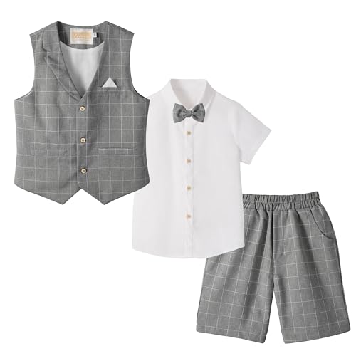 Image of LOLANTA 4PCS Page Boy Suits Wedding, Kids Summer Short Suit Set, Ceremony Christening Partywear, Waistcoat Shorts Shirt with Bowtie, 5-6 Years, Dark Grey, Tag 120