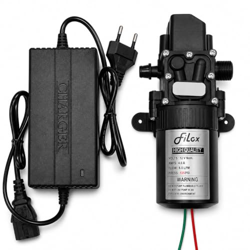 Image of Filox 12V DC Water Pump 125 PSI - High Performance Diaphragm Pump with Auto Pressure Switch | Battery Sprayer Motor with SMPS Adapter for Agriculture, Pesticide Spray, Car Wash & Cleaning (Black)