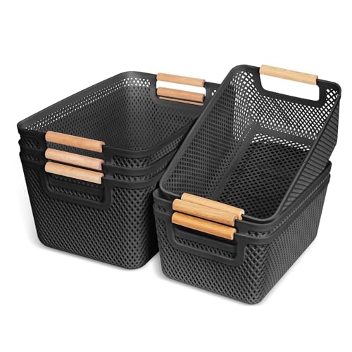 OSTWOLKE 6 Stück Aufbewahrungsbox Kunststoff Schwarz Aufbewahrungsboxen ohne Deckel Atmungsaktiv Aufbewahrungskorb mit Griffen aus Massivholz Boxen Aufbewahrung Plastikbox für Badezimmer Küche