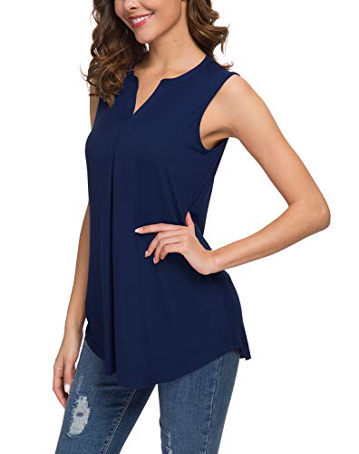 Neineiwu Women's Summer V Neck Tank Tops Loose Casual Sleeveless Shirts Blouses (Navy Blue L) #TOP3