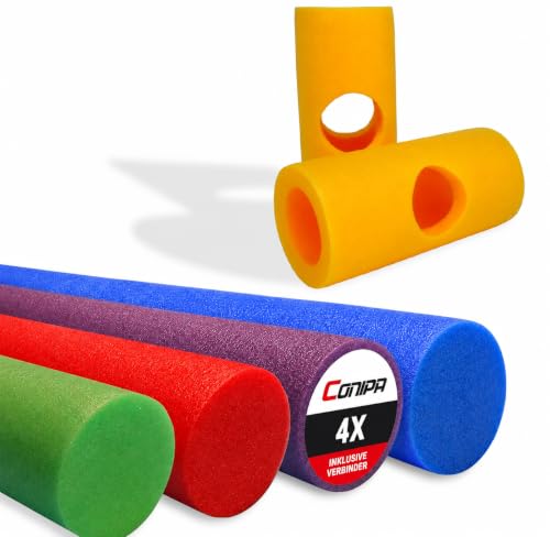 Conipa® - 4 Stück Schwimmnudel (160 x 7 cm) Kinder & Erwachsene INKL. 4 x Loch-VERBINDER (Schaumstoff) - Poolnudel Set ab 3-10 Jahre (Made IN Europe) - Pool Wassernudel (Blau + Grün + Lila + Rot)
