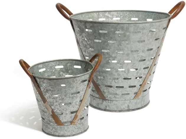 Galvanized Metal Olive Bucket Set with Copper Handles – Rustic Farmhouse Storage Baskets, Perforated Decorative Planters – Set of 2 (16" & 10.5" H)