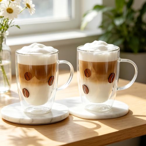 FYSUIMU 2Pcs Glass Coffee Cup Mugs 12 Oz Coffee Bean Icon Drinking Glasses with Handle Double Wall Insulated Glasses Cappuccino Latte Tea Cup for Home Party Favors Supplies