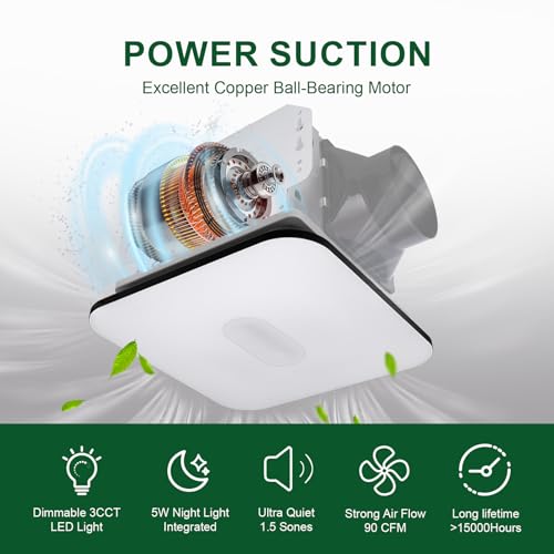 Image of Akicon Bathroom Exhaust Fan with Light, 15W Dimmable 3CCT LED Light with 5W Night Light Bathroom Fans for Ceiling, 90 CFM, 1.5 Sones Ventilation Fan for Bathroom and Home, Square, Silver
