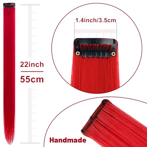 TOFAFA 22 inch Colored Hair Extensions Straight Hairpiece,Colorful Hair Extensions Party Highlights Clip in Long Synthetic for Girls Women Cosplay Styling Favor Gift(10 PCS Red)