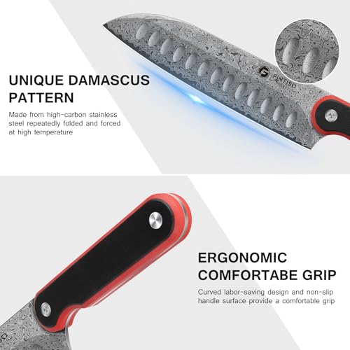 Image of FINTISO Chef Knife 7 Inch Kitchen Knife, Sharp Santoku Knife 67-Layer Damascus Steel with 10Cr15CoMoV Steel Core, Professional Cooking Knife with Ergonomic Full Tang G10 Handle for Chopping Slicing