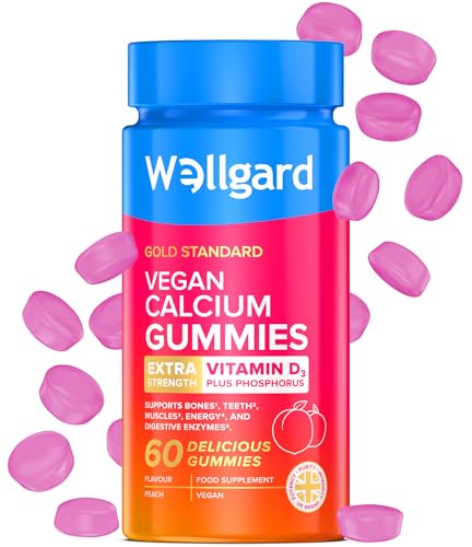 Wellgard Vegan Calcium Gummies for Women & Adults Extra Strength with Vitamin D3 & Phosphorus Chewable Calcium for Bones Teeth & Muscles Peach Flavour Gluten Free 60 Gummies