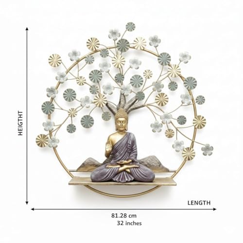 Image of buddha Metal Tree of Life with Meditating Buddha Wall Art with LED Backlight - 32x32 Inches, Golden & Bronze Finish, Perfect for Living Room, Office & Gifting