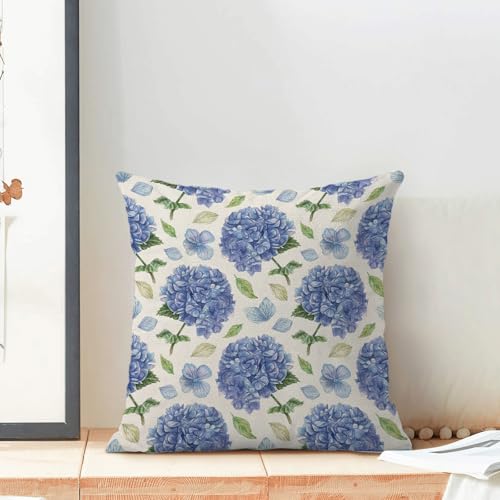Image of AEIOAE Spring Floral Pillow Covers 18x18 Inch Set of 2, Blue Green Hydrangea Flower Leaves Throw Pillows Case,Summer Outdoor Seasonal Decorative Farmhouse Decor Cushion Covers for Home Sofa Bed Couch