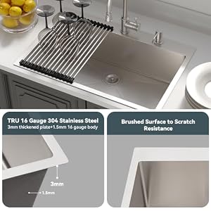 Lordear 33 Inch Drop In Kitchen Sink 33×22 Stainless Steel Topmount Sinks 16 Gauge T304 Single Bowl Kitchen Sink With 3mm Thickened Plate Round Corners