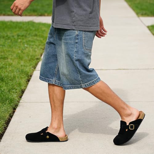 Image of Genuine Suede Clogs Womens Mens Cork Footbed Sandals Potato Shoes | Unisex Suede Leather Mules ,Arch Support,Adjustable Metal Buckle,Cork and Rubber,Wonderful Quality