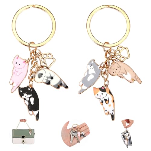 JIEYAO Witziger Katzen Schlüsselanhänger, 2 Stück Süßer Geschenke für Katzenliebhaber Kawaii Kitty Emaille Legierungs Schlüsselbund Partner Schlüsselanhänger Cartoon Katze Anhänger für Mädchen Frauen
