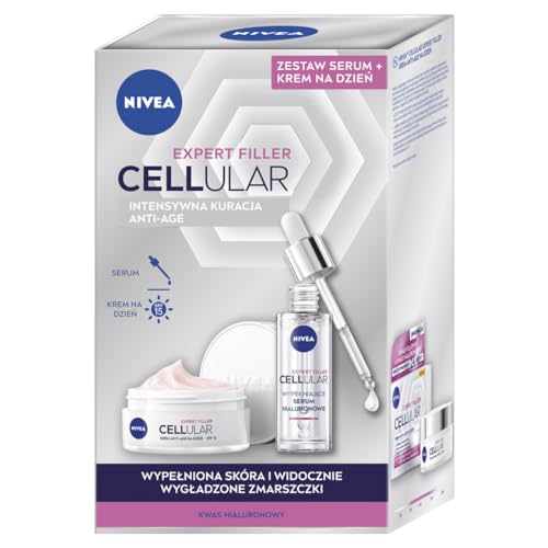 NIVEA CELLULAR Expert Filler Set de crema de día antiarrugas y suero hidratante con ácido hialurónico, 50 + 30 ml