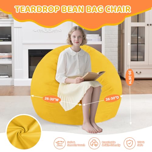 2FT Bean Bag Chair, Comfy Bean Bag Chairs with Memory Foam Filled, Fluffy Beanbag Sofa with Dutch Velvet Cover, Teardrop BeanBag Chairs for Living Room, Playroom - Lemon