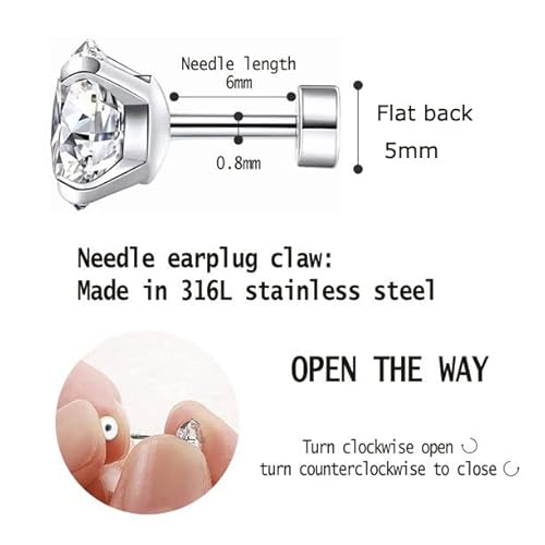 Small Silver Flat Screw Back Cz Stud Earrings,20G Flatback Cubic Zirconia Studs For Women Girls Cartilage Helix Tragus Piercing Hypoallergenic (6Mm Cz, Silver Earrings) #TOP4