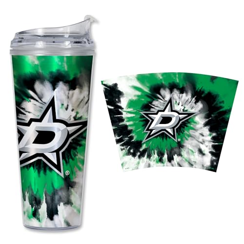 Rico Industries NHL Hockey Dallas Stars Team Color Tie Dye 24oz Metallic Acrylic Tumbler with Hinged Lid, Officially Licensed Double Wall Tumbler with Straw