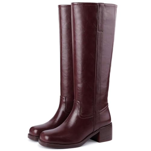Image of Gothictor Women's Banana Knee High Boots Square Toe Chunky Block Heel Comfortable Low Heel Pull on Wide Calf Riding Long Boots for Women