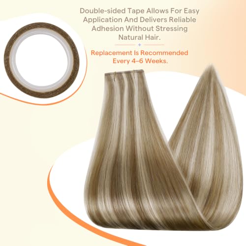 Image of Full Shine Wide Tape in Extensions Human Hair, 24 Inch 50g | Desert Blonde with Champagne Highlights, Silky Straight Hair Extensions with Remy Hair for Long Hairstyles and Smooth Styling