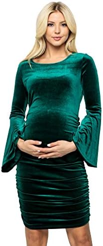 My Bump Maternty Bell Sleeve Dress - Maternity Fitted Bell Sleeve Dress W/Rucheed(H.Green Velvet, M) Made in USA