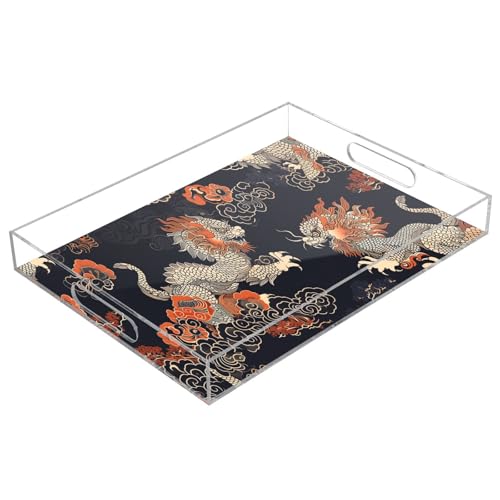 IOACIY Clear Serving Tray 12x16 Inches Acrylic Decorative Tray Organiser for Ottoman Coffee Table Countertop with Handles, Lion (6)