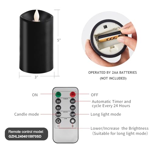 Image of 3x5 Flickering Flameless Candles Set of 1, 2AA Battery Life 600 Hours Battery Candles Flickering with Timer,5 inch Flameless Candles with Remote for Christmas Decorations Indoor /Outdoor, Black