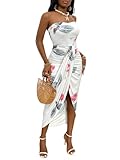 Umenlele Women's Strapless Ruched High Waist Wrap Split Asymmetrical Beach Maxi Long Dress White Floral#3 Medium