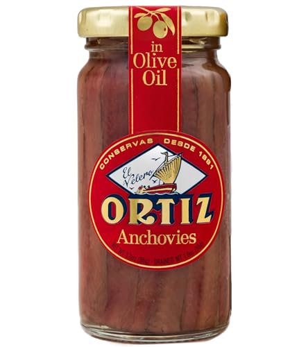 Ortiz Anchovies in Extra Virgin Olive Oil, Firm Buttery Fillets with a Rich Umami Taste, Wild Caught in Spain, Great for Pizza, Pasta and Caeser Salad, 3.3oz Glass Jar (Pack of 1)