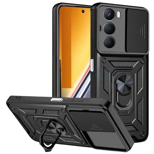 Image of SPAZY CASE Realme Narzo 80x 5G Back Cover | Heavy Duty Hybrid Case with 360 Degree Rotating Finger Ring Holder + Slider Shutter Camera Protection Case for Realme Narzo 80x 5G - Black