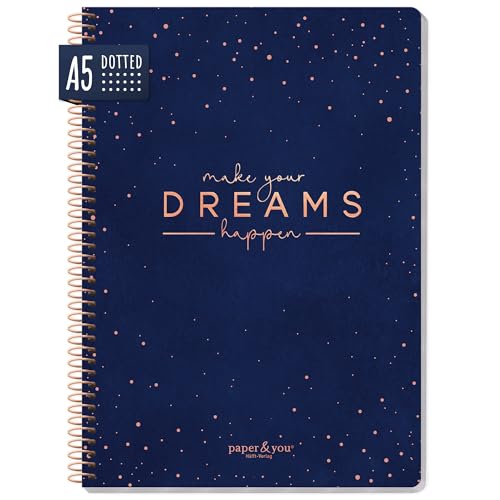 paper&you® dotted Journal A5 mit Spiralbindung 'Make your dreams happen' 160 Seiten, Notizbuch gepunktet mit Spirale, College-Block, Spiral-Block, Notizblock - nachhaltig & klimafreundlich