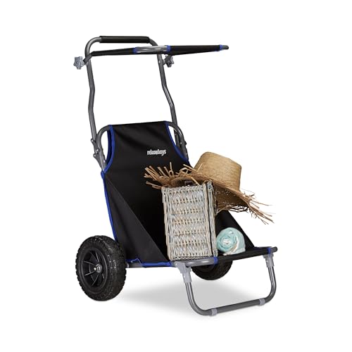 Relaxdays Carrito de playa plegable, silla de playa con techo solar, ruedas de goma maciza, carro de transporte de 100 kg para la playa, poliéster, negro, 61 x 65 x 102 cm, 1 pieza