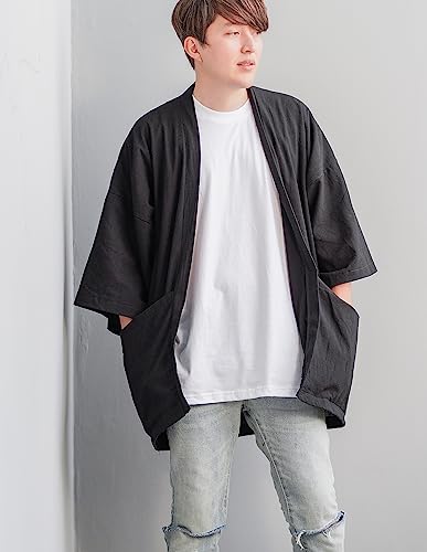Men's Cotton Linen Kimono Cardigan 2 Pockets Oversized Noragi Jacket Man Haori Summer Yukata Beach Robe2