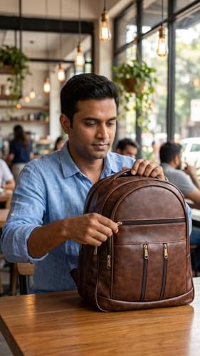 Image of Laptop Backpack for Men & Women | Black Faux Leather Office & Travel Bag 40L | Spacious Laptop Compartment | Front Organizer Pocket | College, Business & Daily Use
