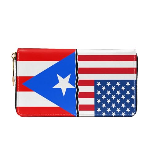 American flag and Flag of Puerto Rico Ladies Long Style Leather Purses Credit Card Billfold Handheld Wallet3